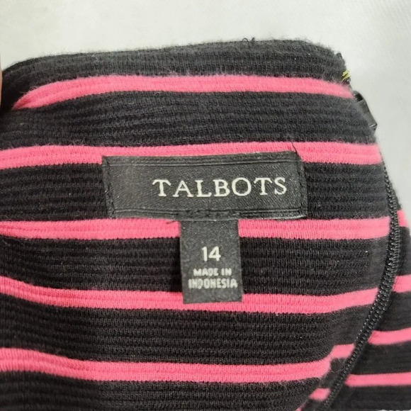 Talbots Dress Pleated Women Size 14 Pink Black Stripe Short Sleeve Square Neck - Picture 4 of 5
